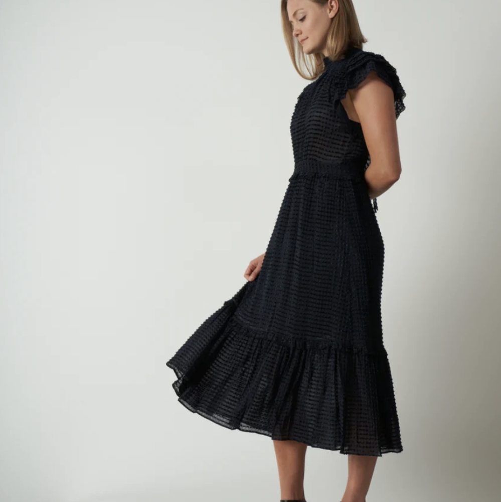 Ulla Johnson Alastair Black Sheer Polka Dot Silk Midi Dress